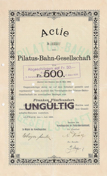 Pilatus-Bahn-Gesellschaft, Alpnach 1888, Aktie CHF 500